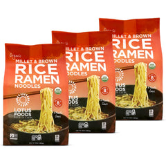 Lotus Foods front packaging showing organic millet and brown rice ramen benefits