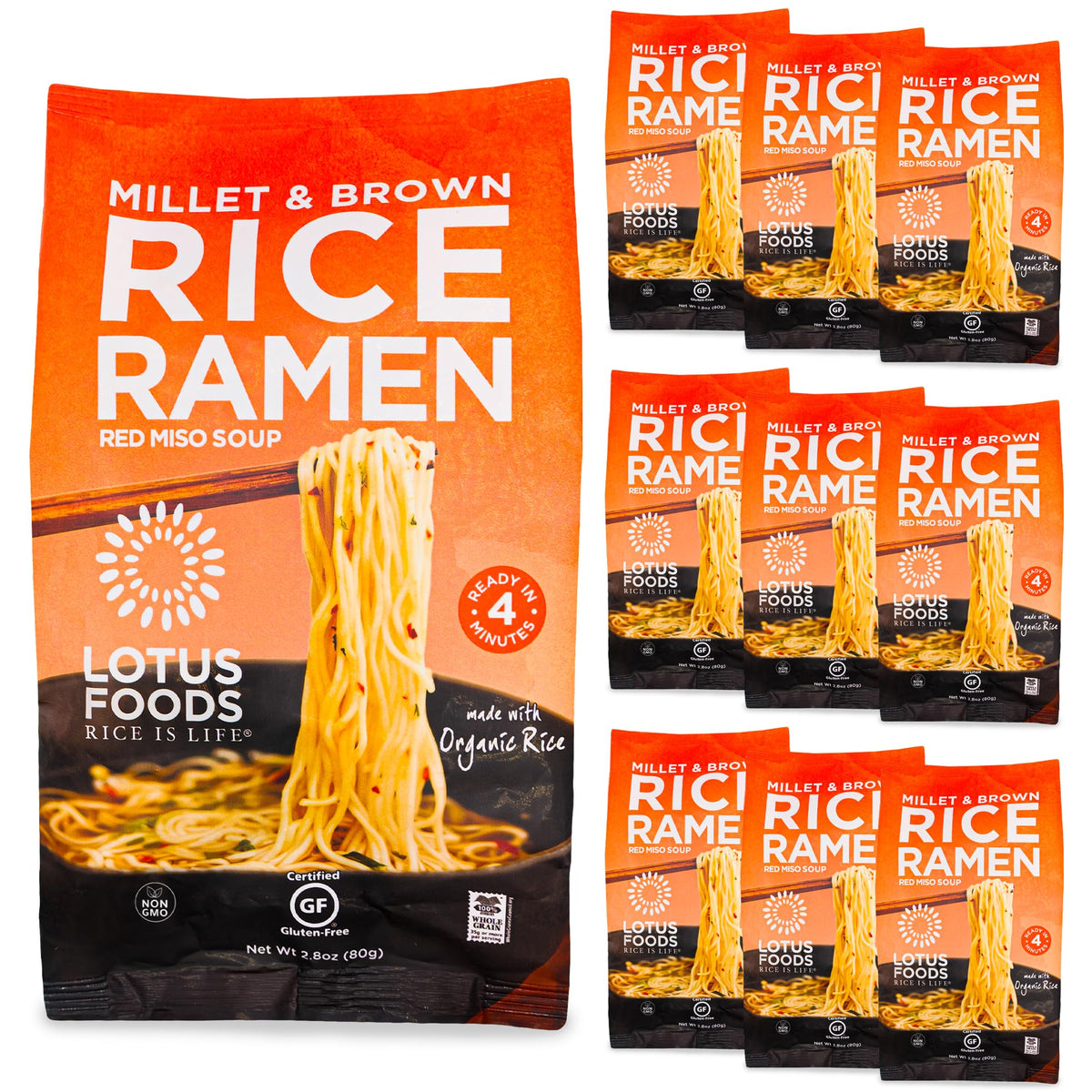 Lotus Foods front packaging showing miso ramen and pantry-ready convenience