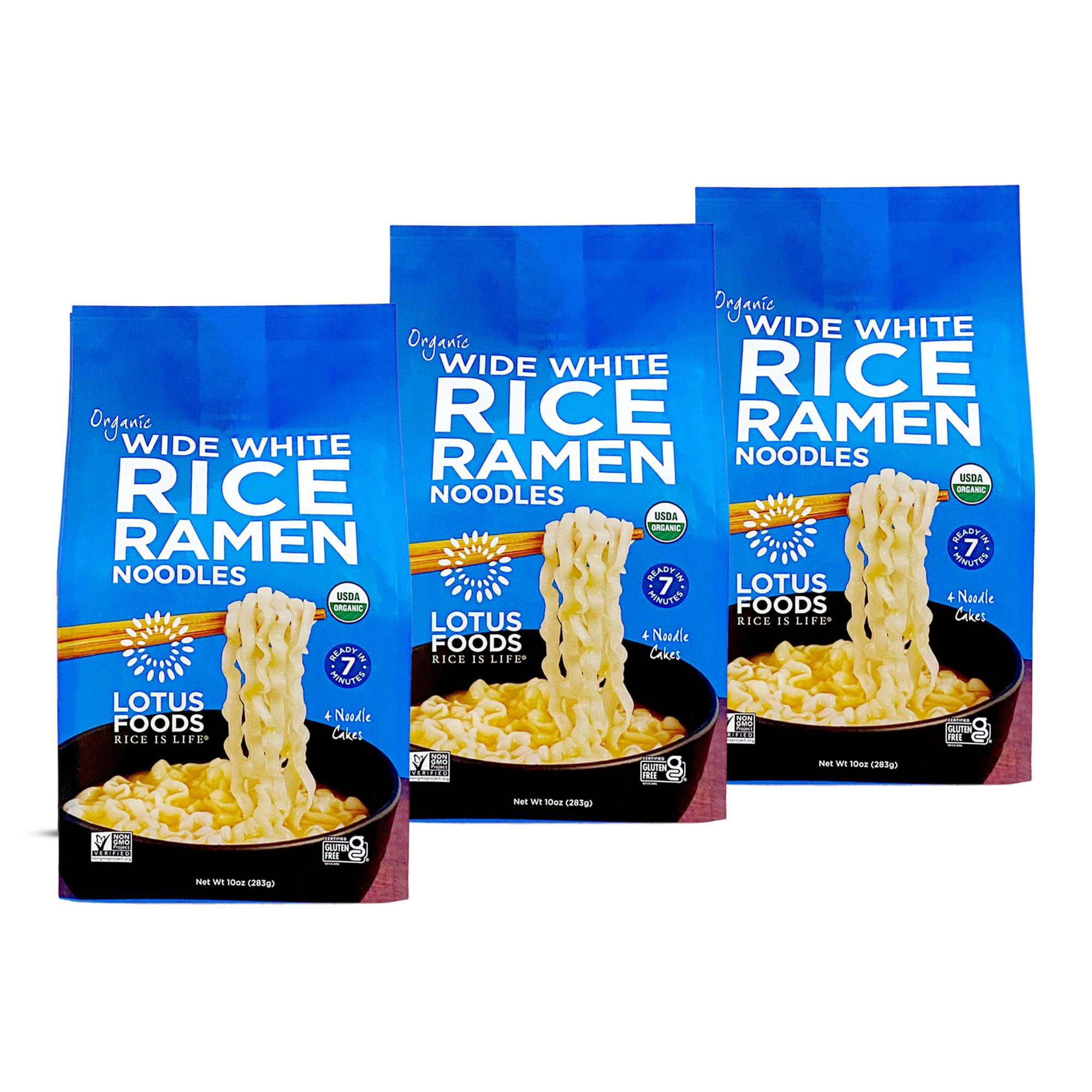 Lotus Foods front packaging showing wide rice ramen and organic benefits