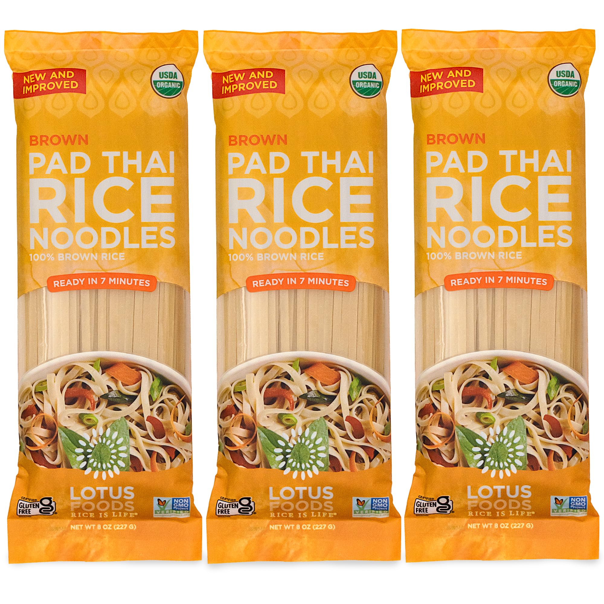 Lotus Foods front packaging displaying organic brown rice pad thai noodles and benefits