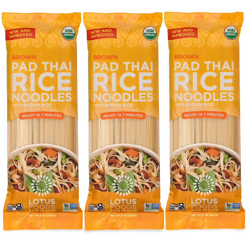 Lotus Foods front packaging displaying organic brown rice pad thai noodles and benefits