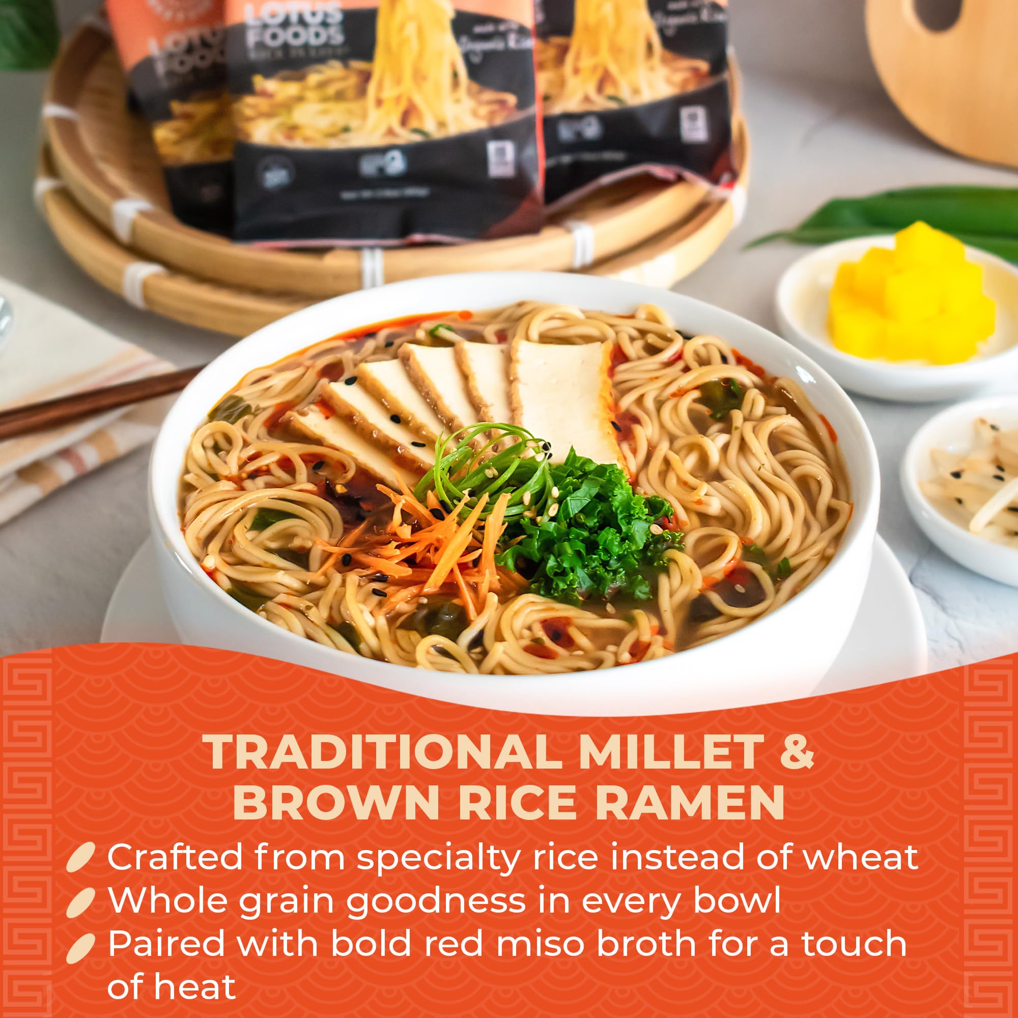 Lotus Foods noodle cake close-up showing texture and gluten-free rice benefit