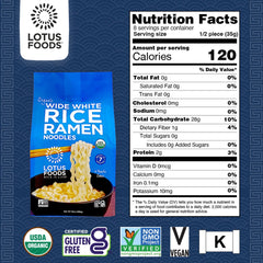 Lotus Foods wide rice ramen served in bowl soaking up rich broth