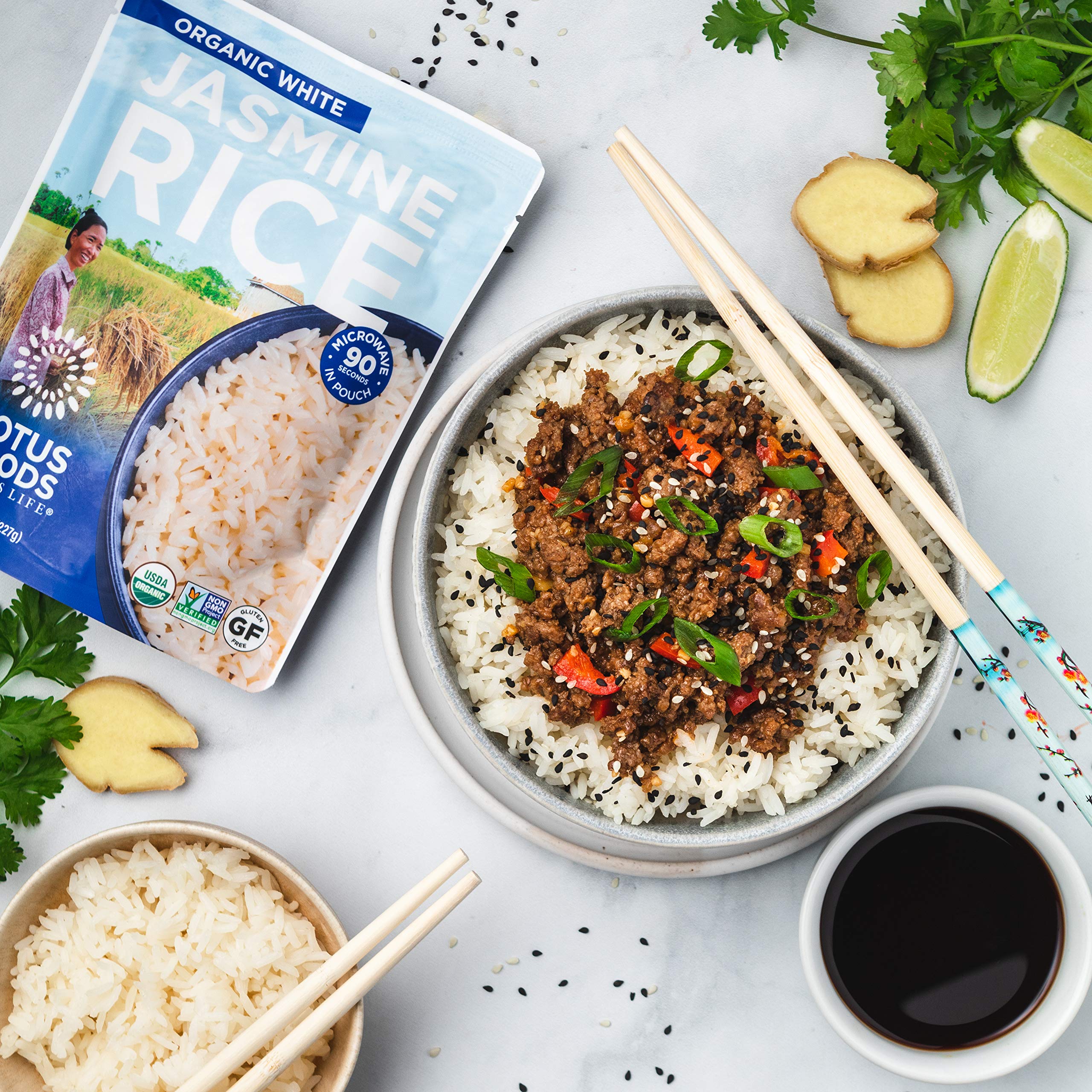 Lotus Foods open pouch steamed rice close-up highlighting texture