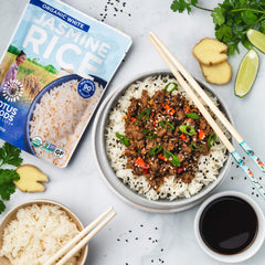 Lotus Foods open pouch steamed rice close-up highlighting texture