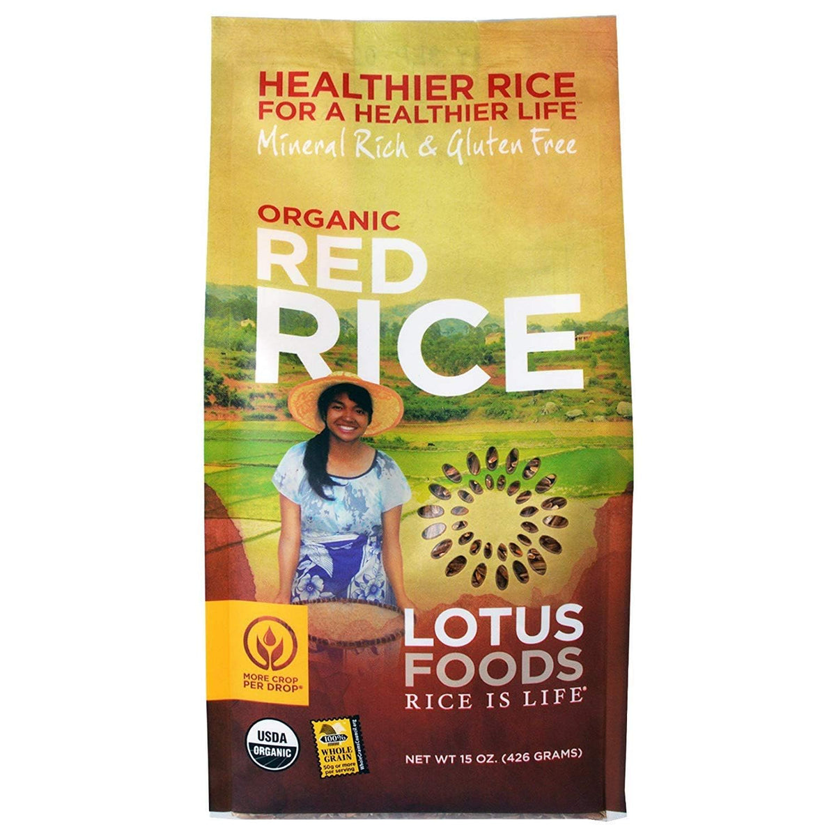 Lotus Foods red rice front packaging showing organic label and serving benefit