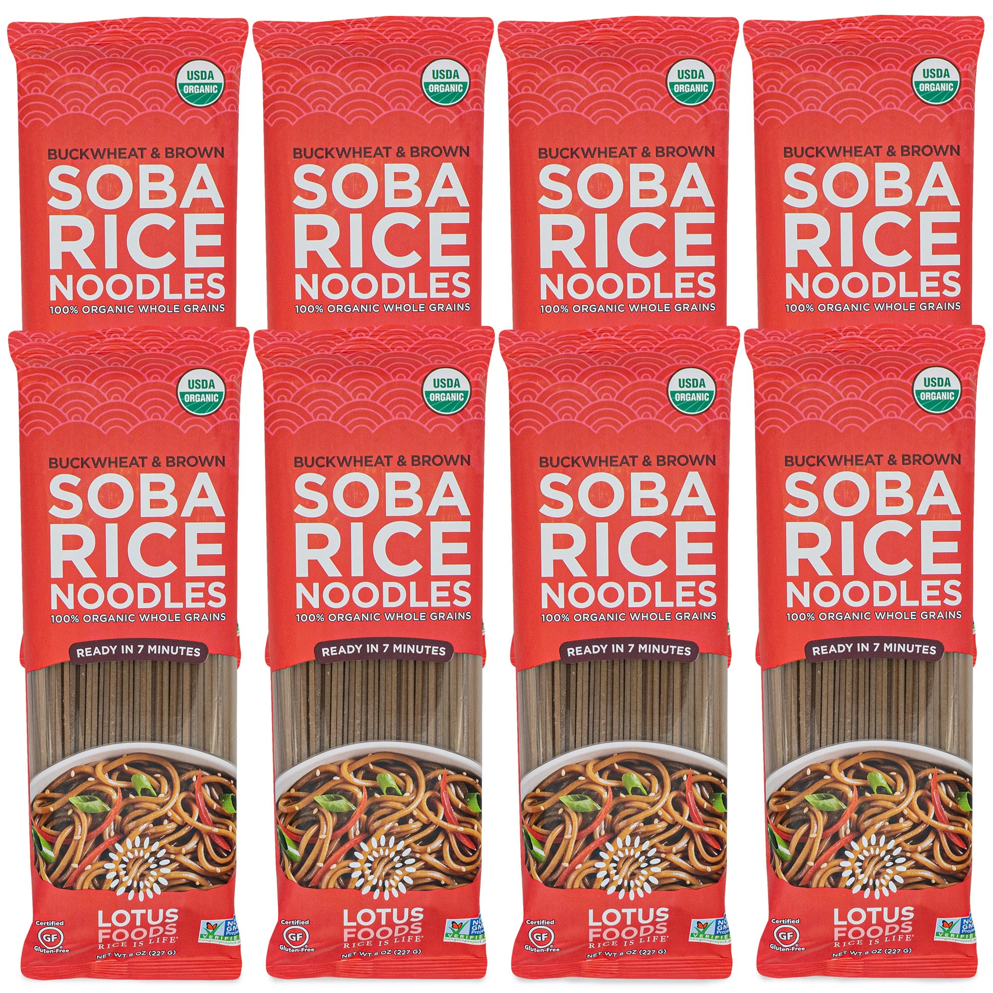Lotus Foods front packaging showing organic buckwheat and brown rice benefits
