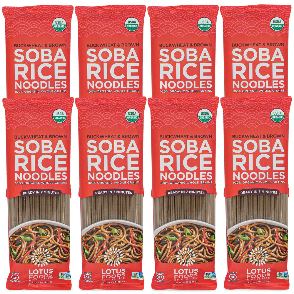 Lotus Foods front packaging showing organic buckwheat and brown rice benefits