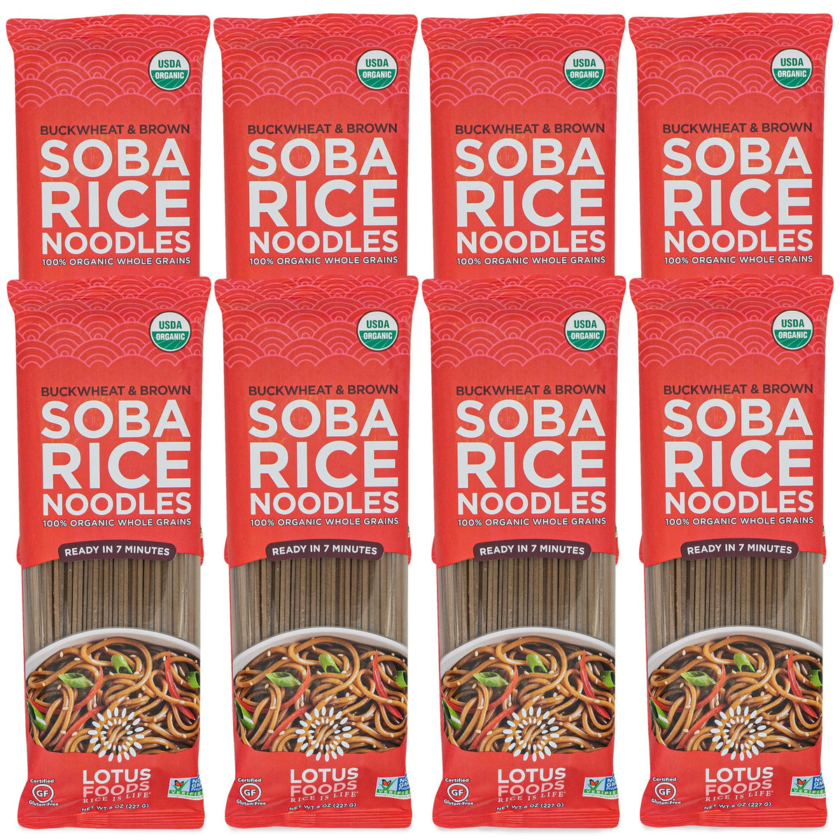 Lotus Foods front packaging showing organic buckwheat and brown rice benefits