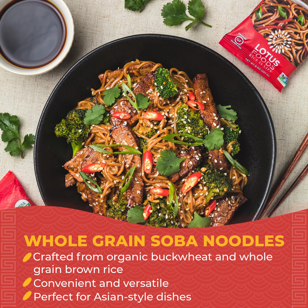 Lotus Foods noodle bundle beside measuring cup demonstrating pack scale