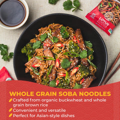 Lotus Foods noodle bundle beside measuring cup demonstrating pack scale