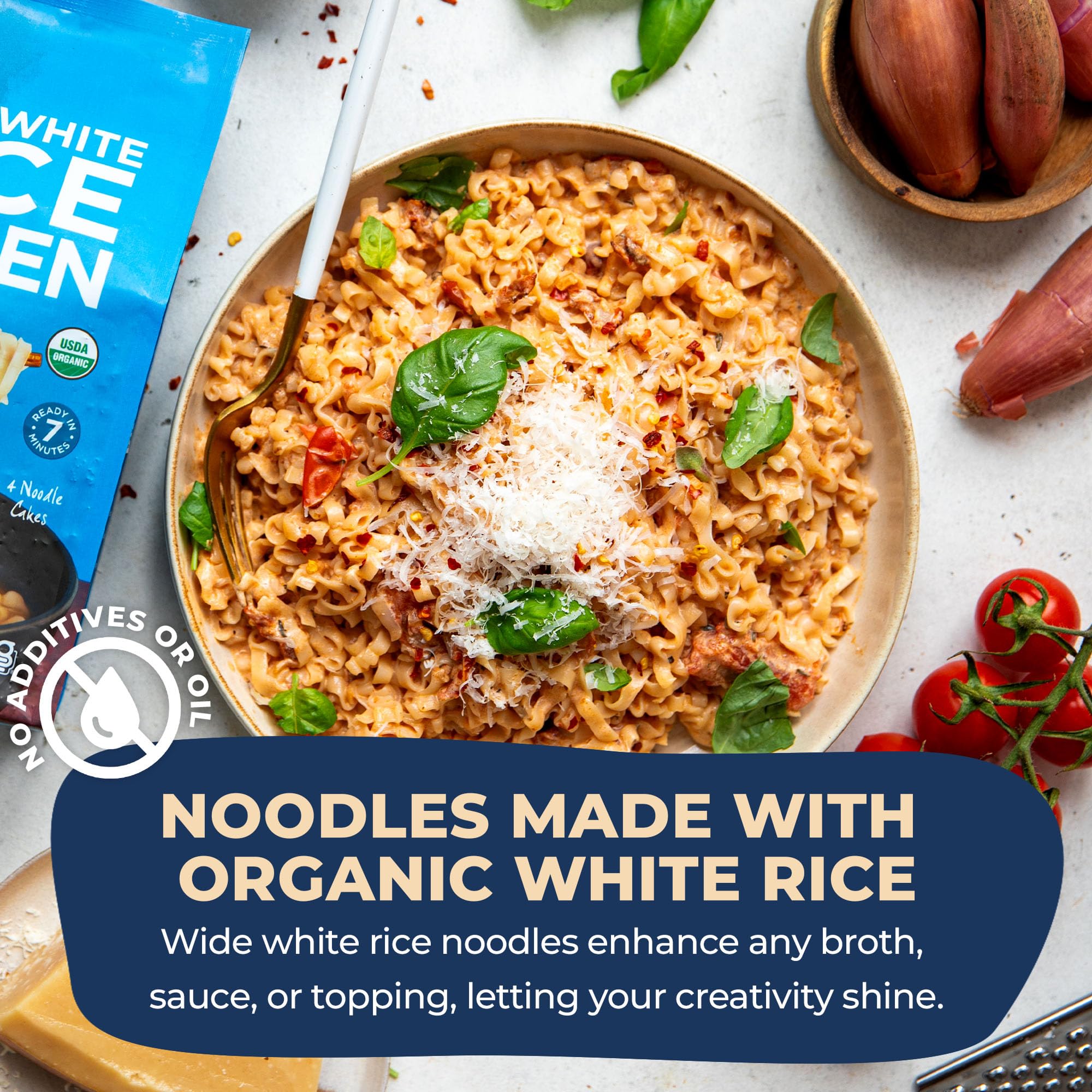 Lotus Foods stir-fry with wide noodles showcasing sauce absorption
