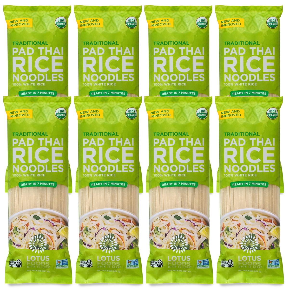 Lotus Foods front packaging showing organic pad thai noodles and benefits