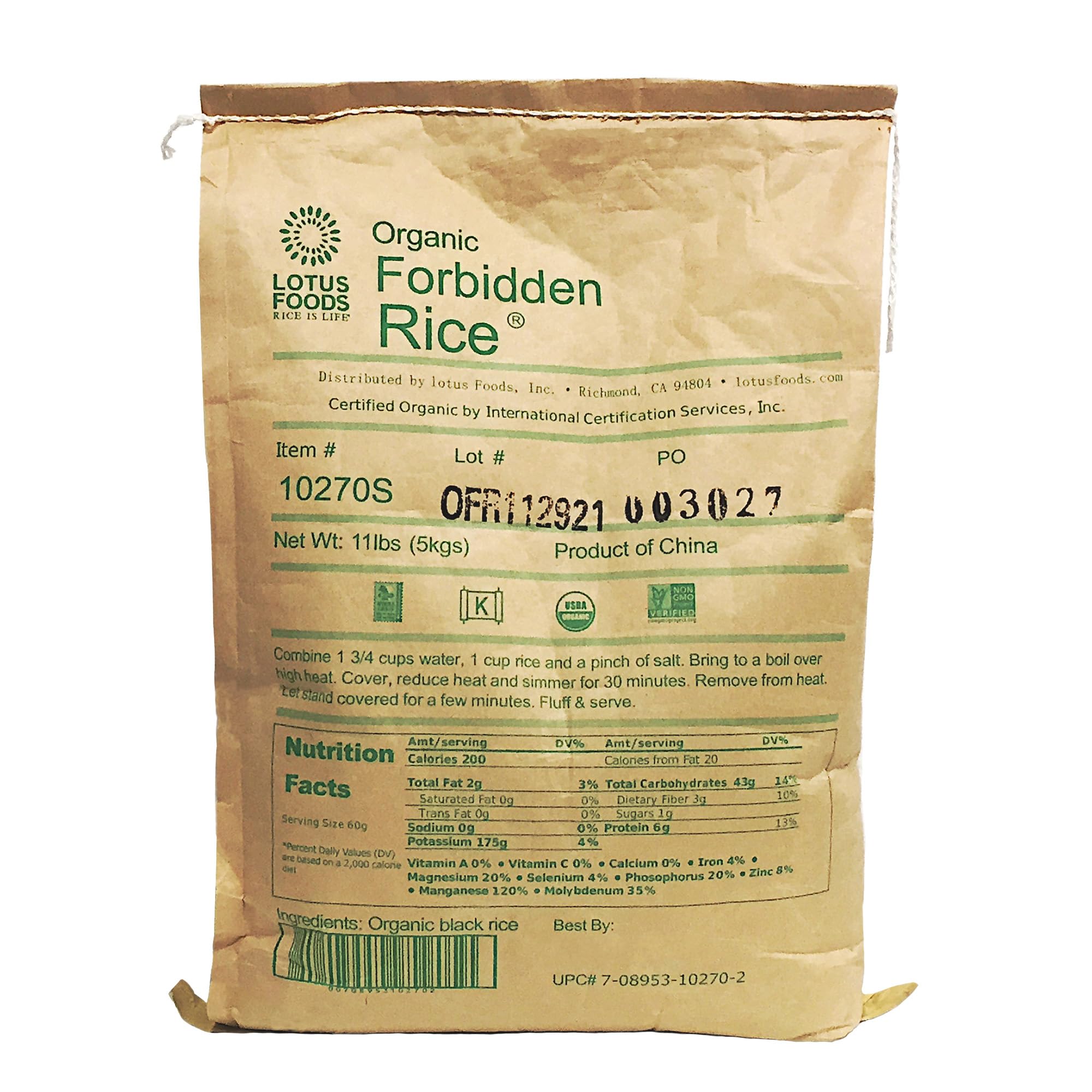 Lotus Foods front packaging view showing 11 lb bag and pantry-ready benefit