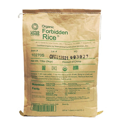 Lotus Foods front packaging view showing 11 lb bag and pantry-ready benefit