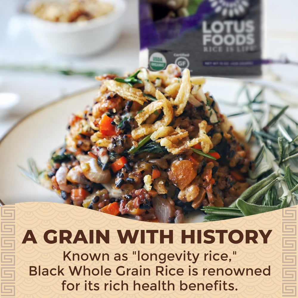 Lotus Foods close-up of black rice grains highlighting texture and antioxidant benefit