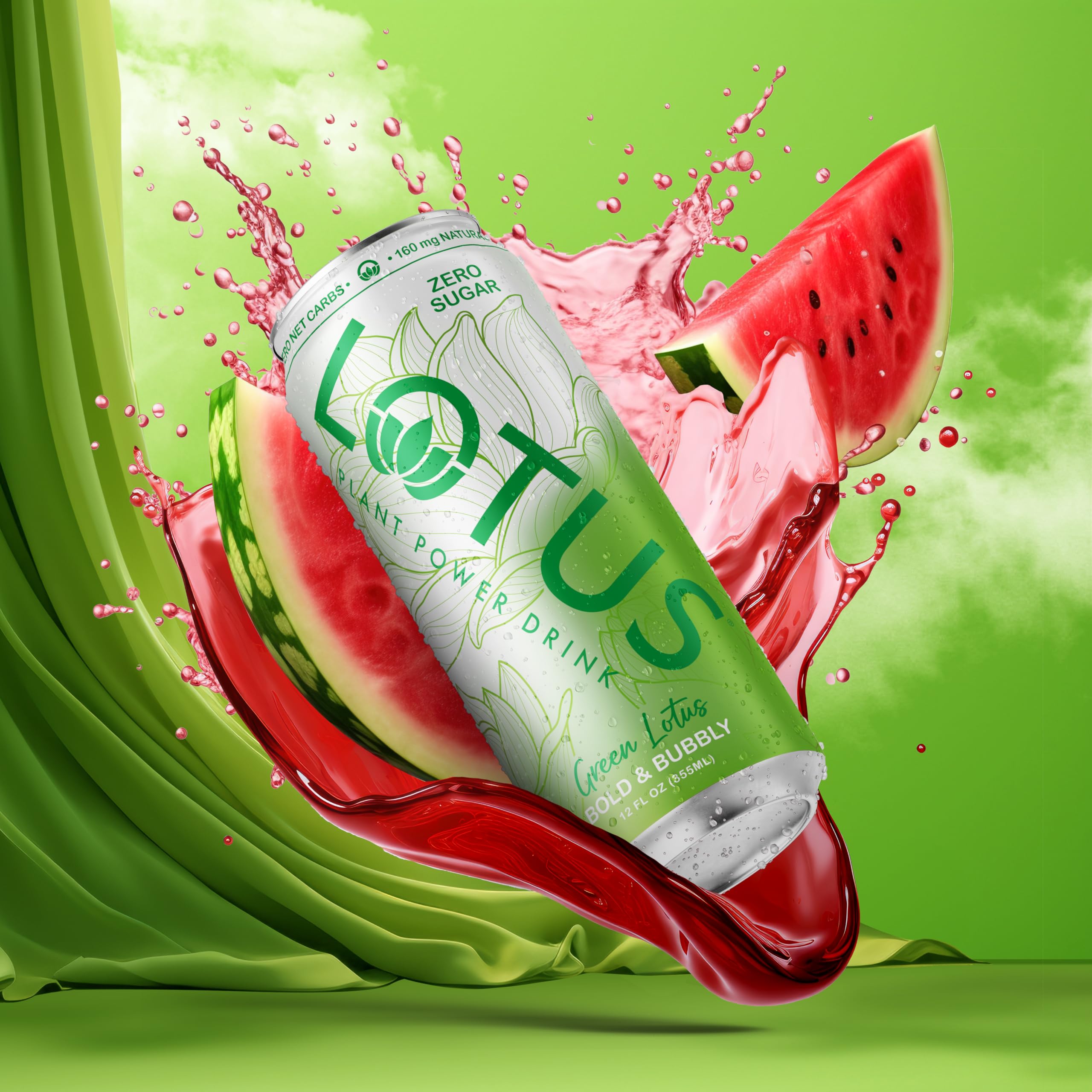 Lotus Plant Power close-up of can texture and condensation, highlights natural refreshment