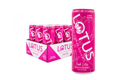 Lotus Plant Power front can view showing pink raspberry branding and clean label benefit