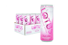 Lotus Plant Power front packaging of pink raspberry cans showing branding and benefits