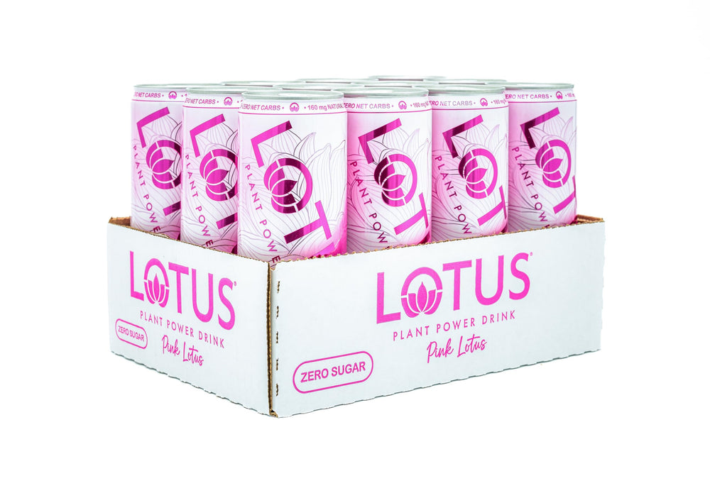 Lotus Plant Power can on a picnic table outdoors showing refreshing raspberry drink enjoyment