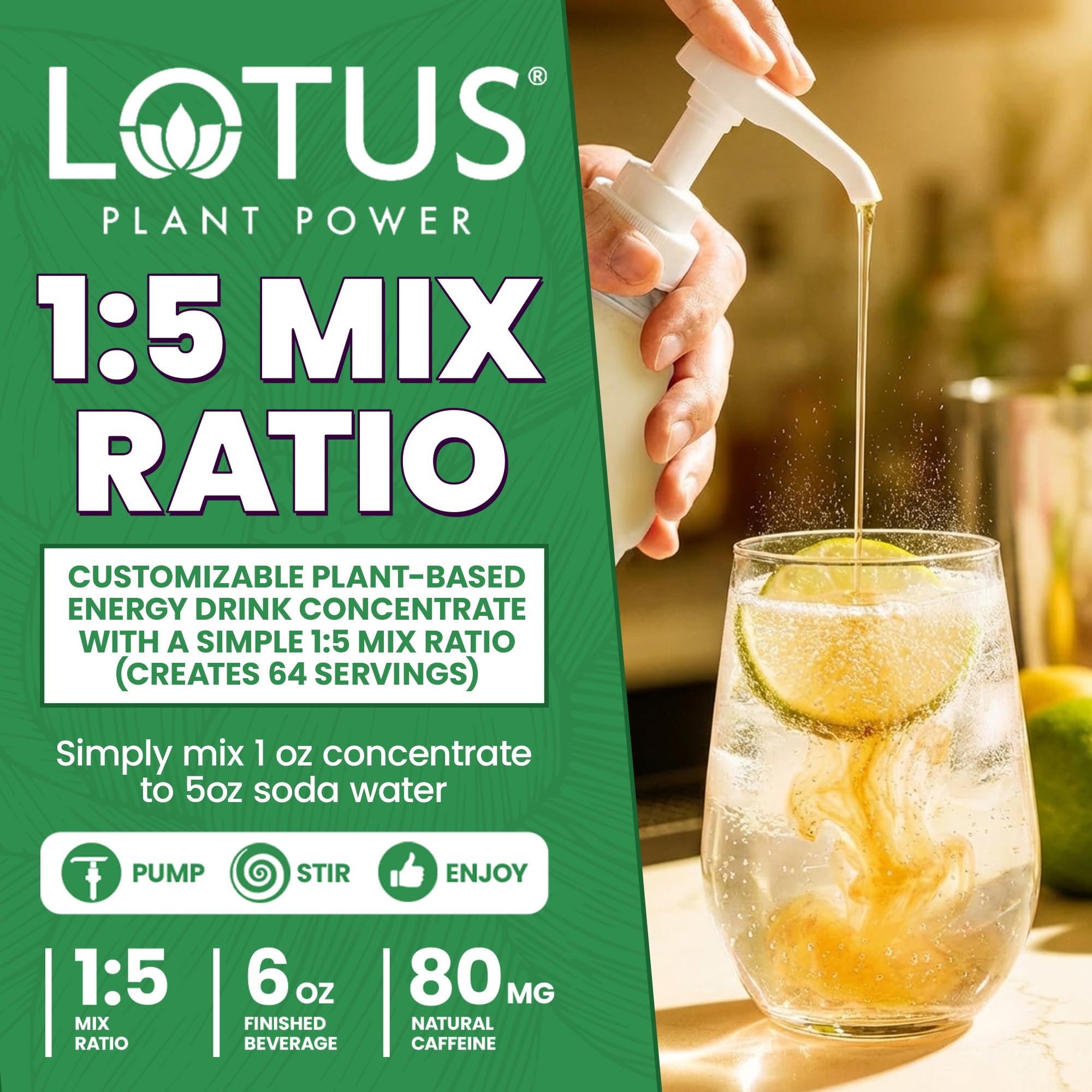 Lotus Plant Power bottle next to a glass for scale showing yield per bottle benefit