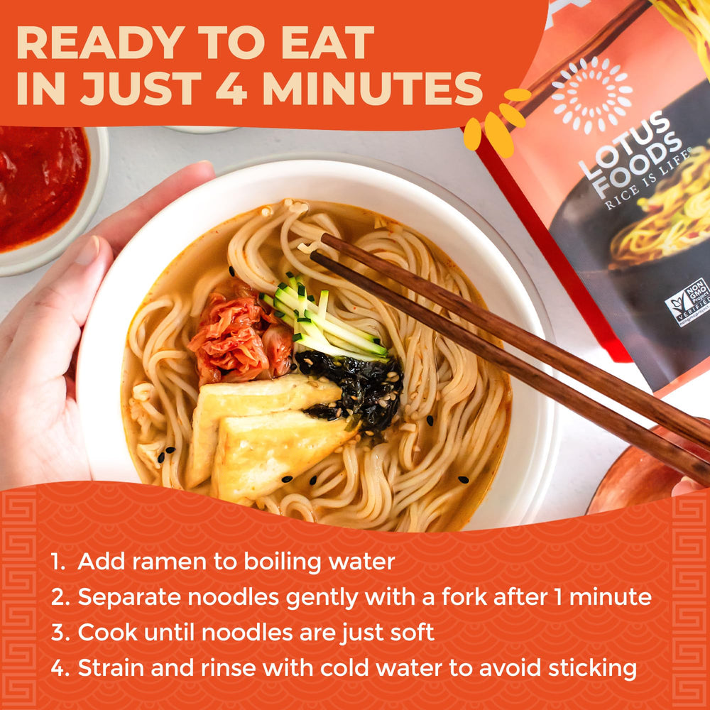 Lotus Foods noodles beside measuring cup illustrating serving size benefit