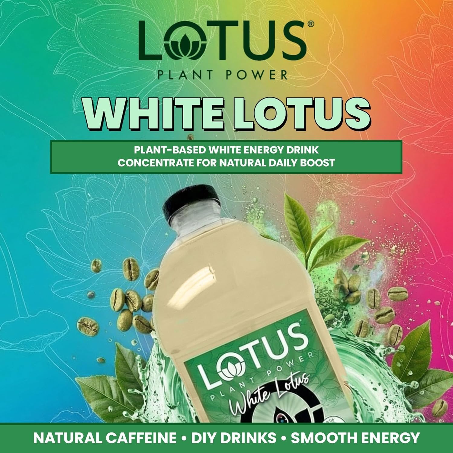 Lotus Plant Power bottle beside a measuring cup shows serving size and yield