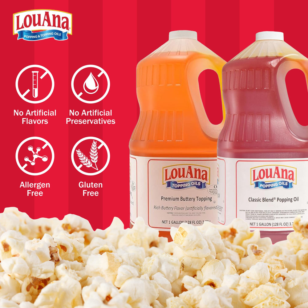 LouAna oil being poured onto popcorn showing even buttery coverage and convenience