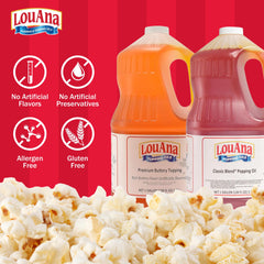 LouAna oil being poured onto popcorn showing even buttery coverage and convenience