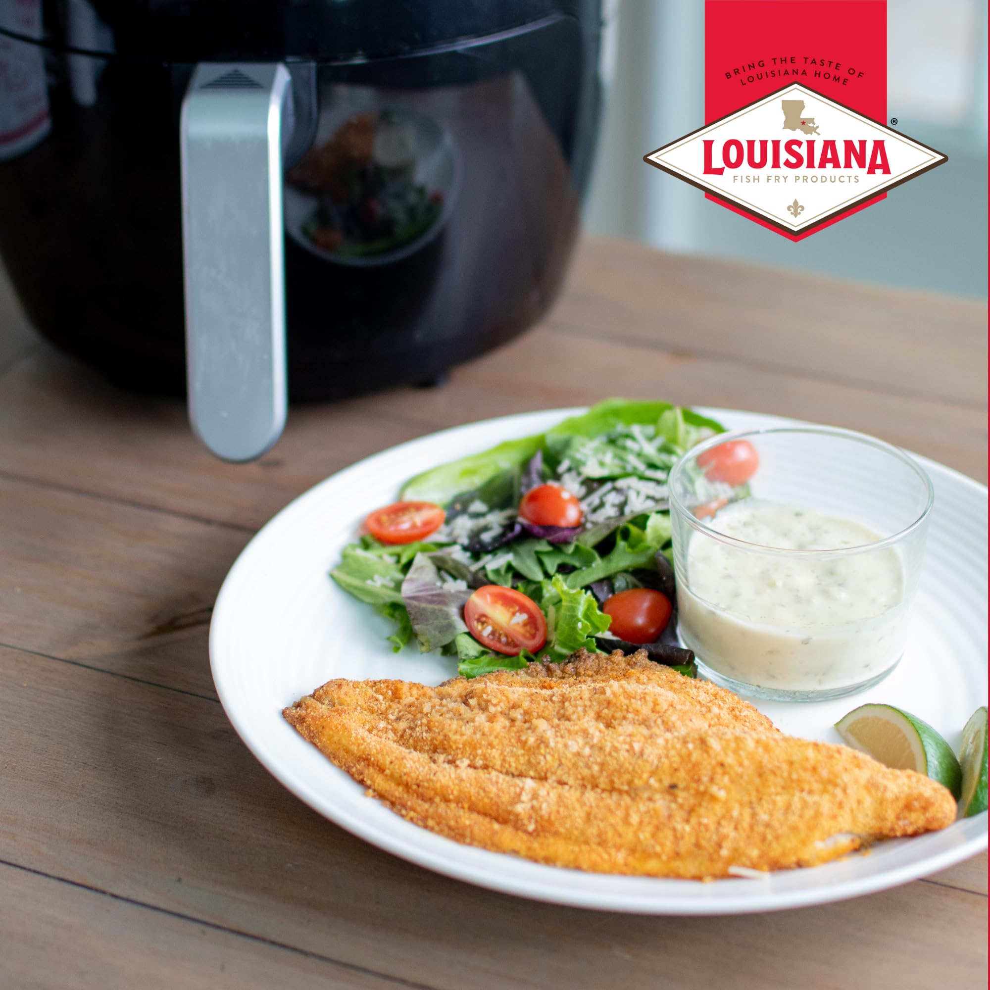Louisiana Fish Fry mix on tray ready for air-fryer to achieve crunch