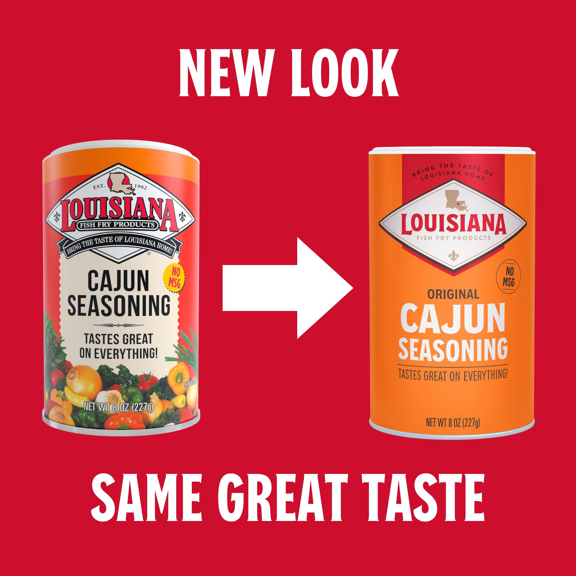 Louisiana Fish Fry next to common items showing 8 oz. size and pantry-friendly portion