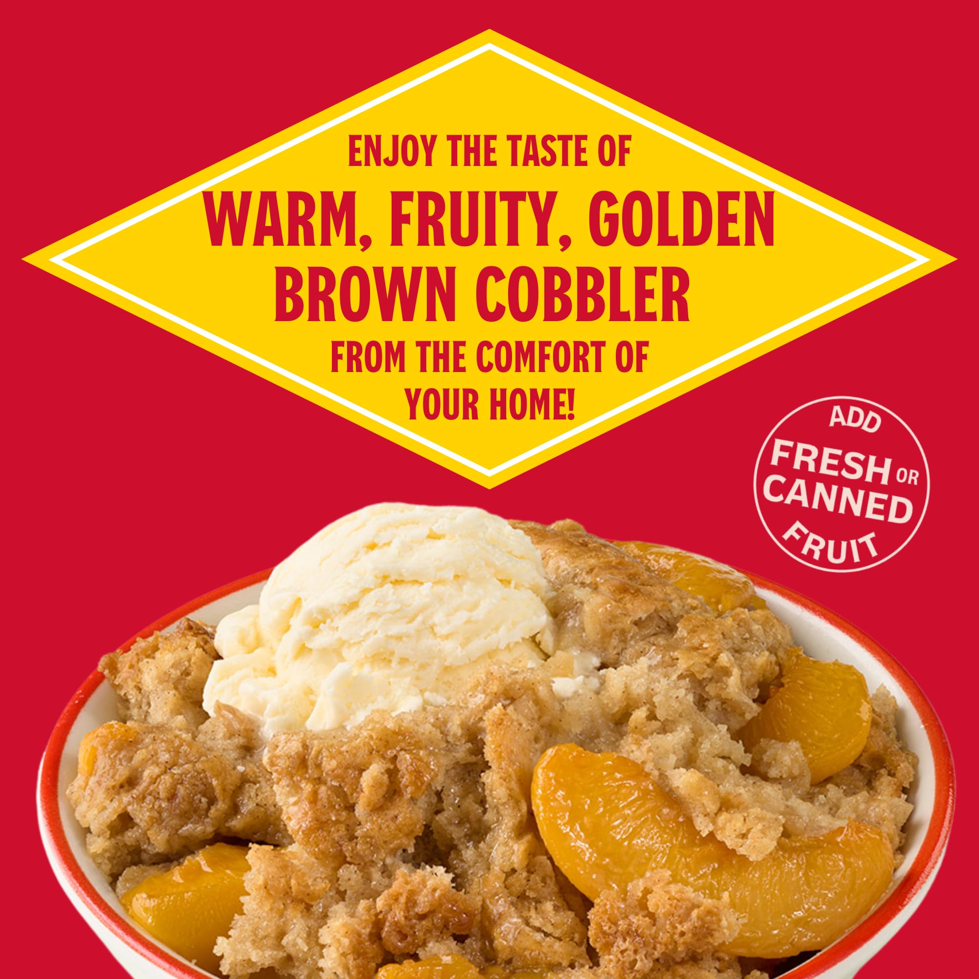 Louisiana Fish Fry Products baked peach cobbler in dish offering homemade comfort