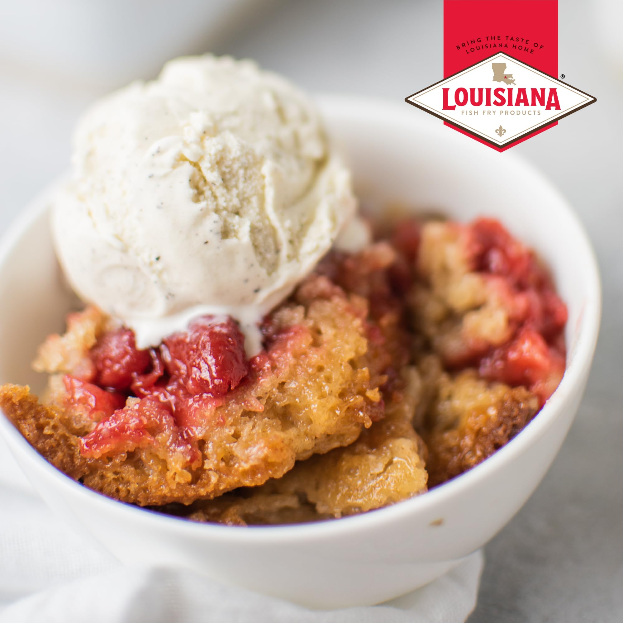 Louisiana Fish Fry Products cobbler on table in kitchen lifestyle for family gatherings