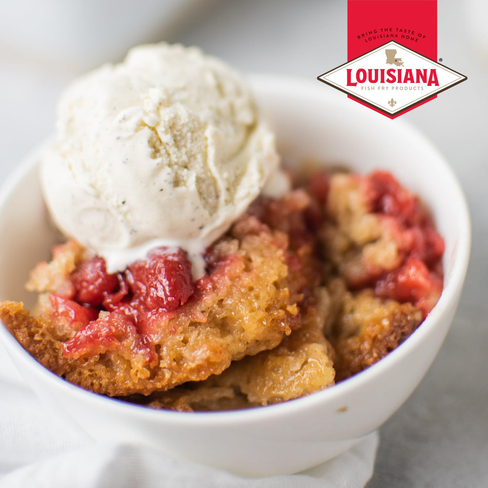 Louisiana Fish Fry Products cobbler on table in kitchen lifestyle for family gatherings
