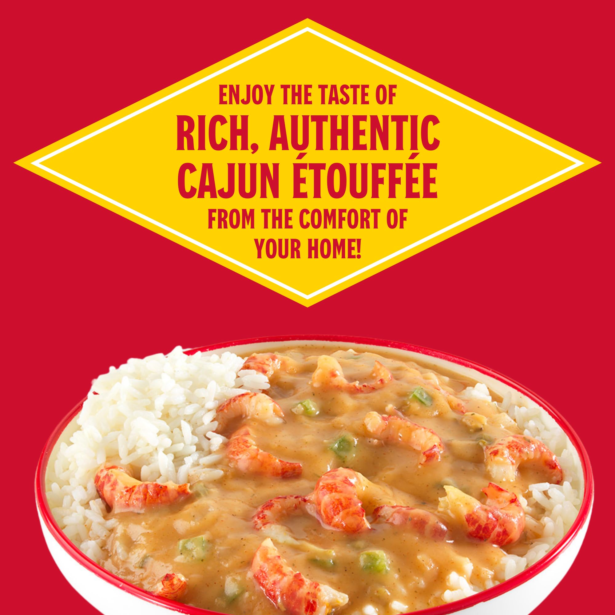 Louisiana Fish Fry etouffee served over white rice demonstrating hearty family portion