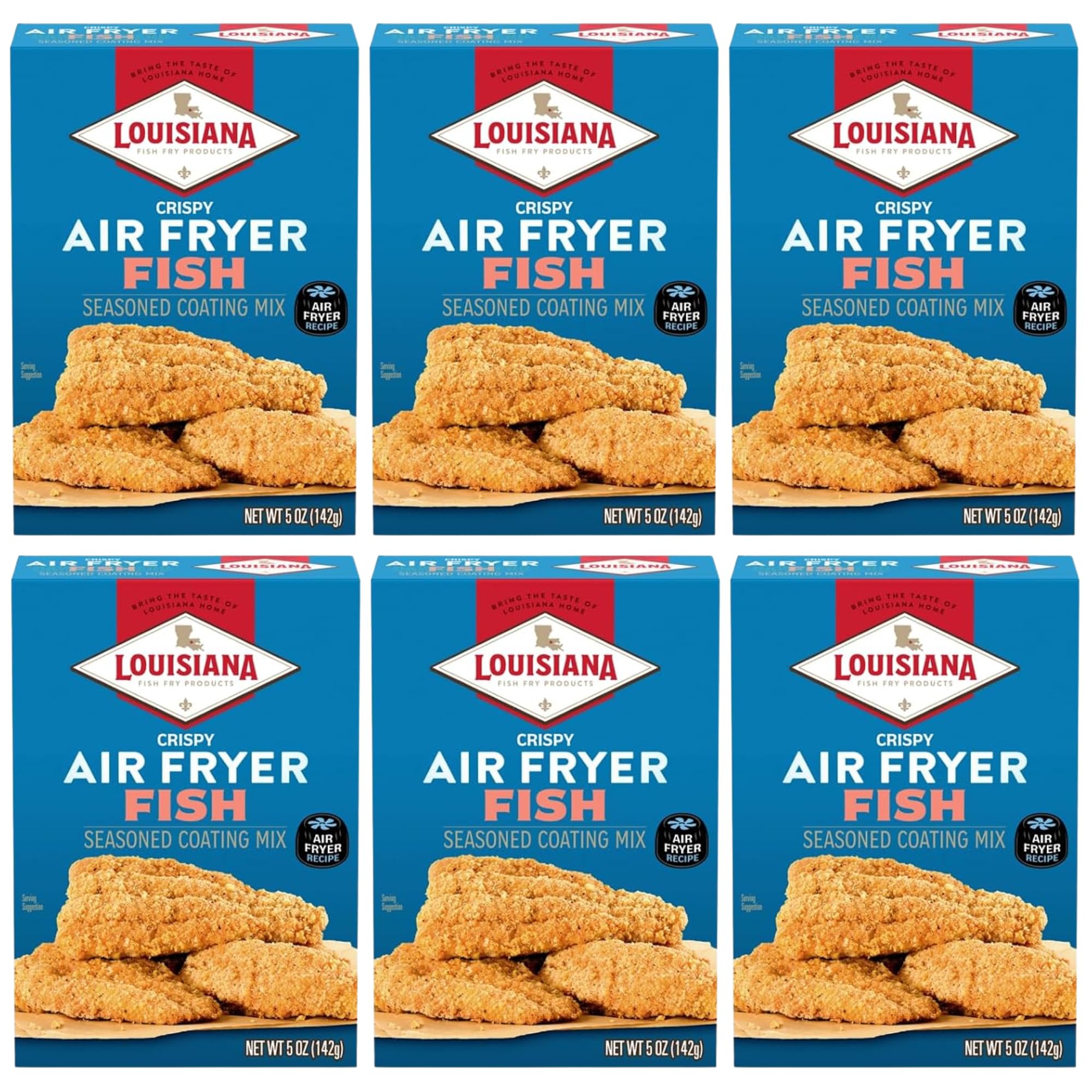 Louisiana Fish Fry front packaging showing 5 oz box and brand benefits