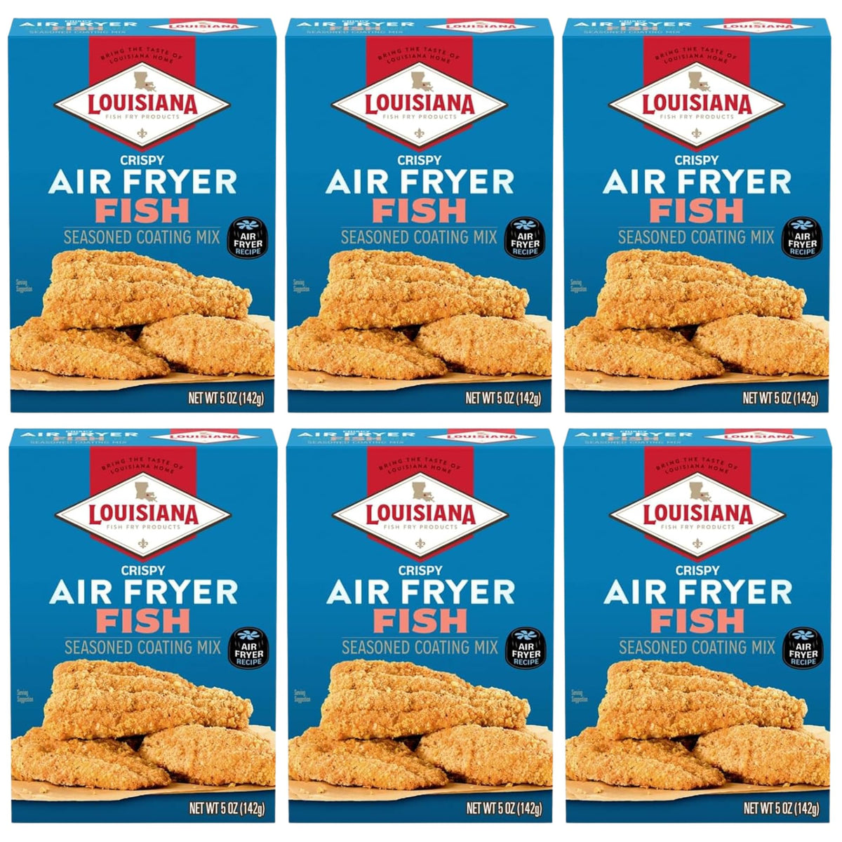 Louisiana Fish Fry front packaging showing 5 oz box and brand benefits