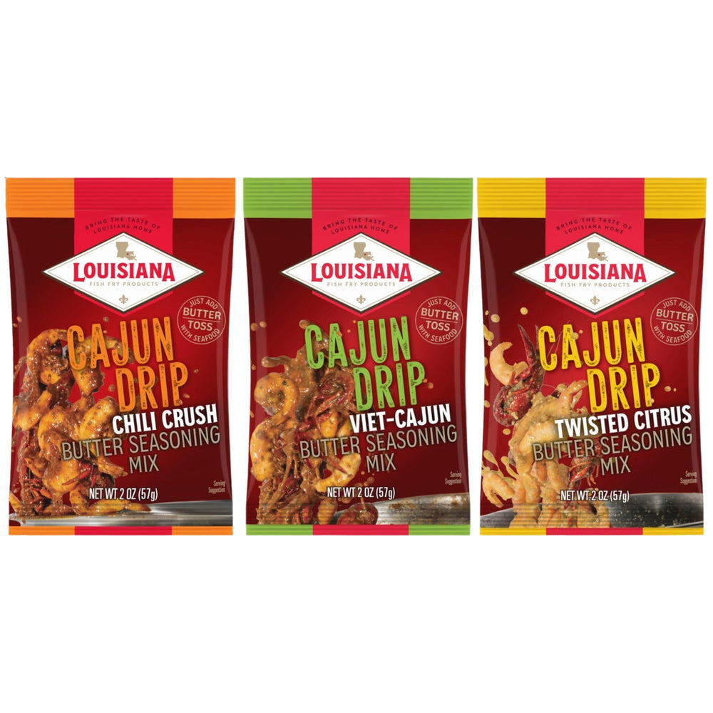 Louisiana Fish Fry front packaging showing three 2 oz packets and brand benefit