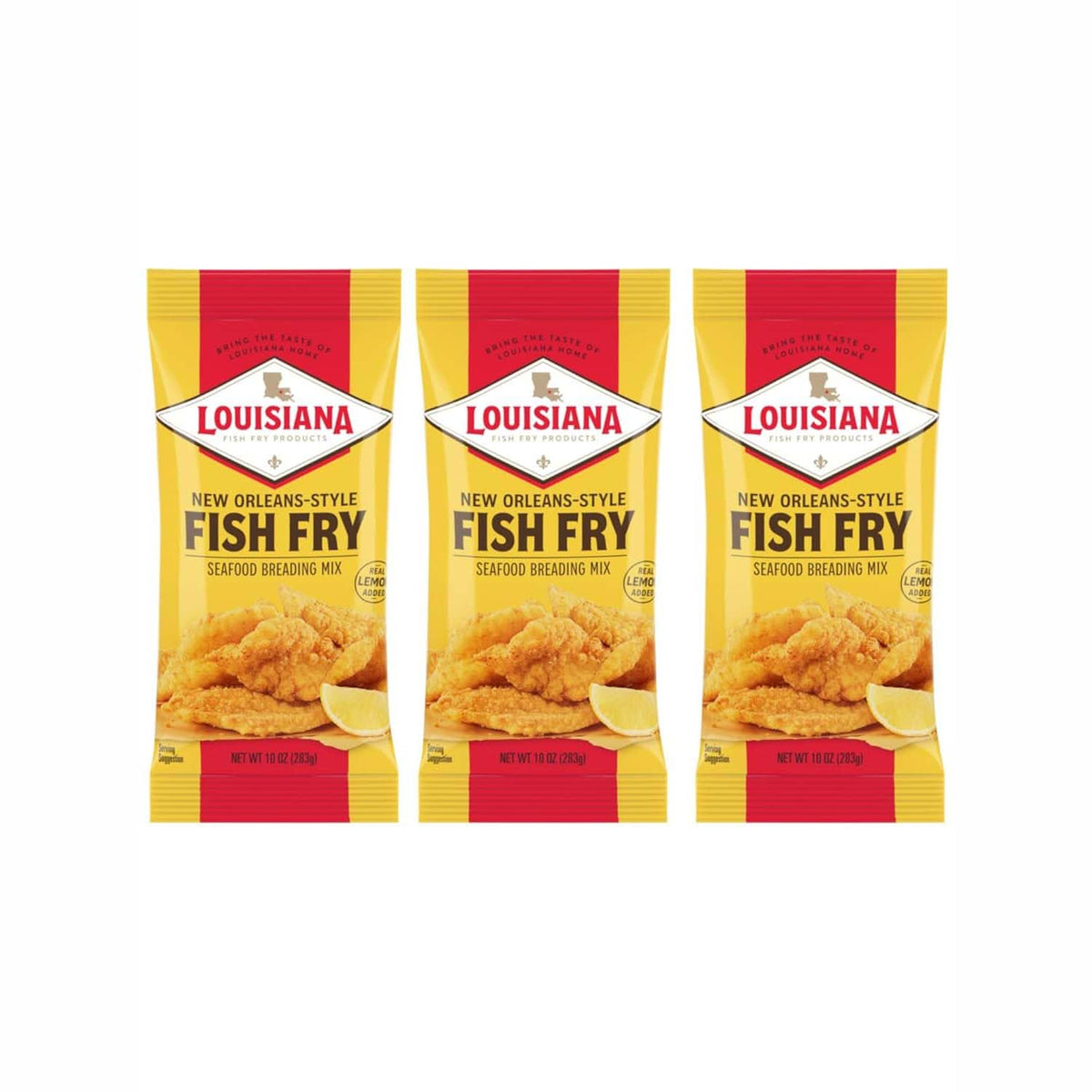 Louisiana Fish Fry front packaging showing 10 oz bag and brand benefit