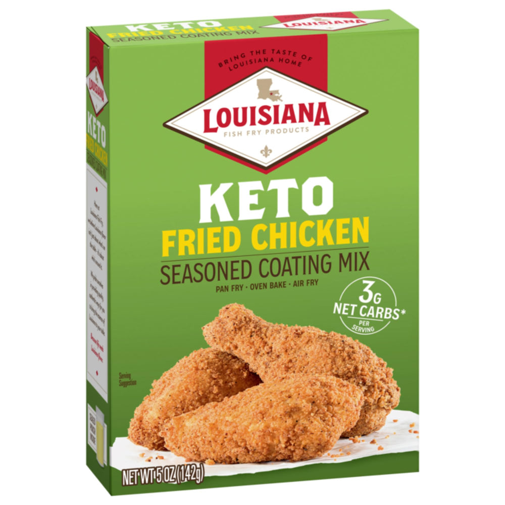 Louisiana Fish Fry front packaging showing six 5 oz pouches and keto coating benefits