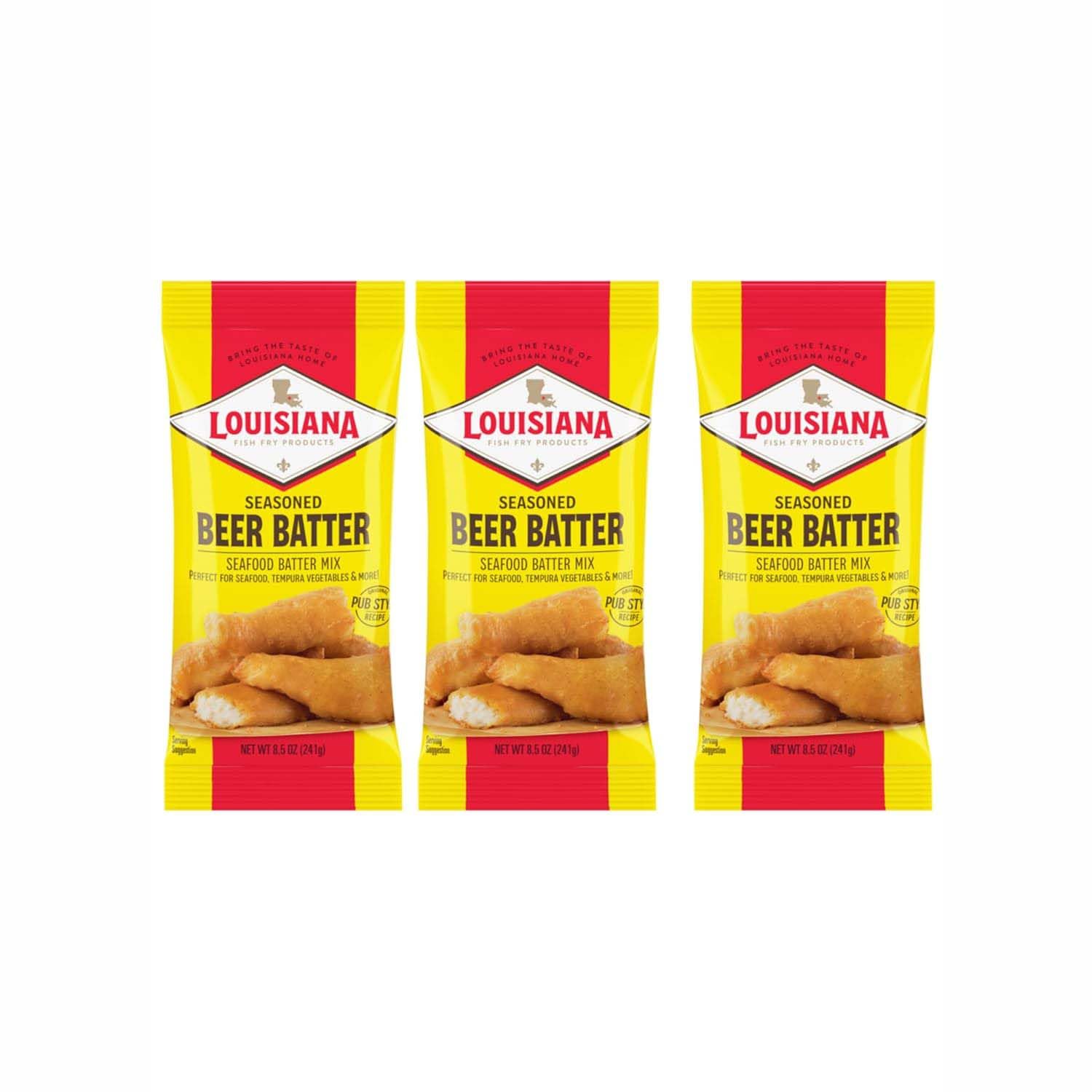 Louisiana Fish Fry front packshot showing three 8.5 oz packets and clear branding for pantry appeal