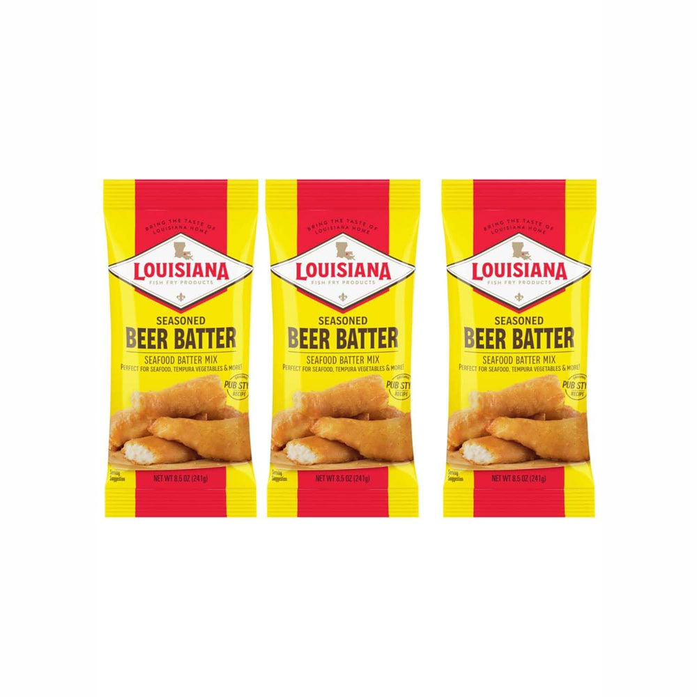 Louisiana Fish Fry front packshot showing three 8.5 oz packets and clear branding for pantry appeal