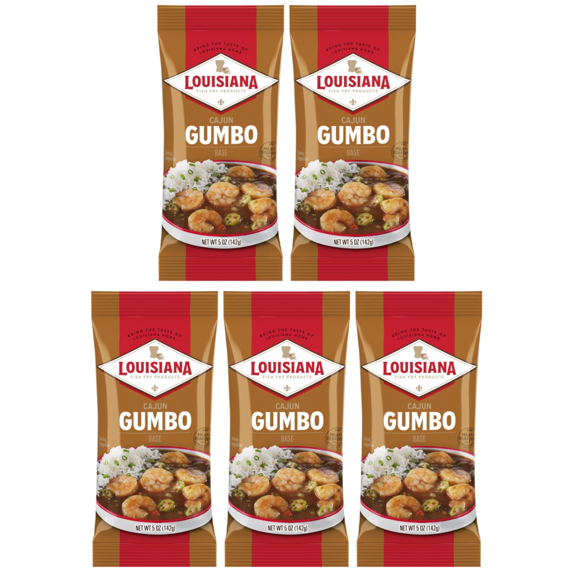 Louisiana Fish Fry front packaging showing five 5 oz gumbo base packets for convenience