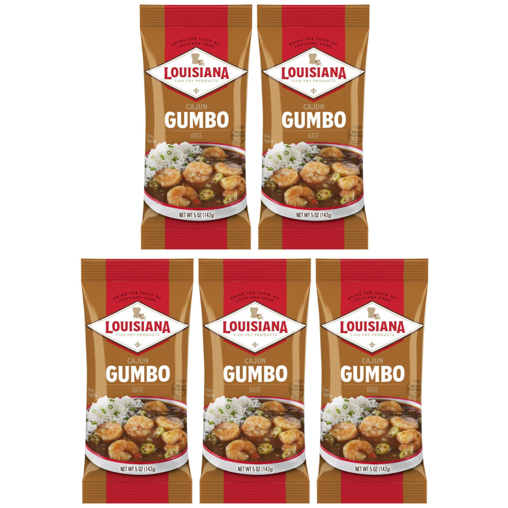 Louisiana Fish Fry front packaging showing five 5 oz gumbo base packets for convenience