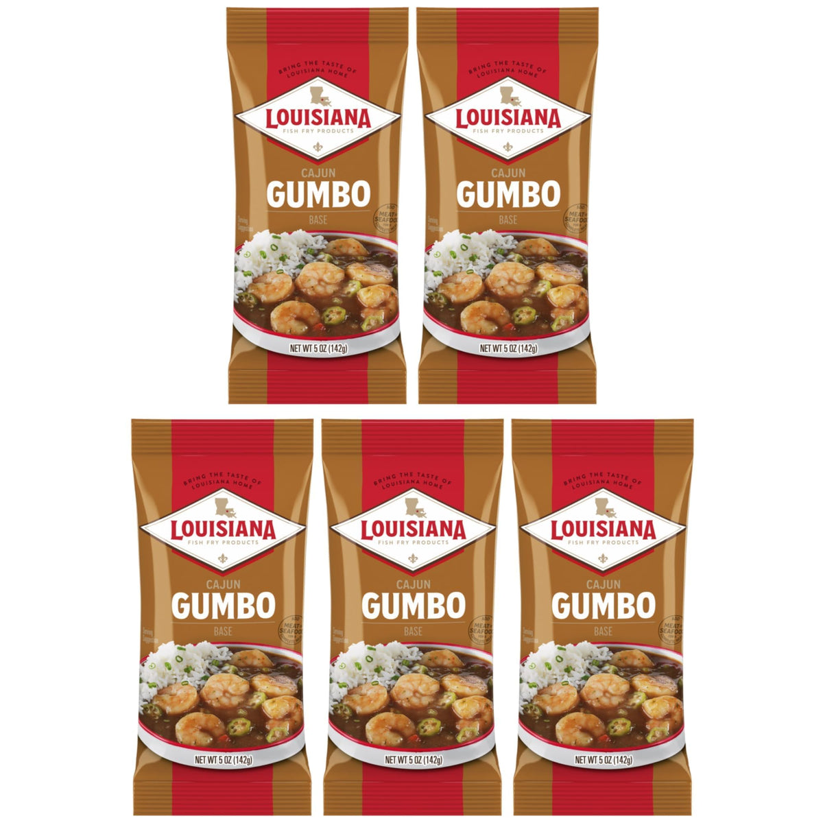 Louisiana Fish Fry front packaging showing five 5 oz gumbo base packets for convenience