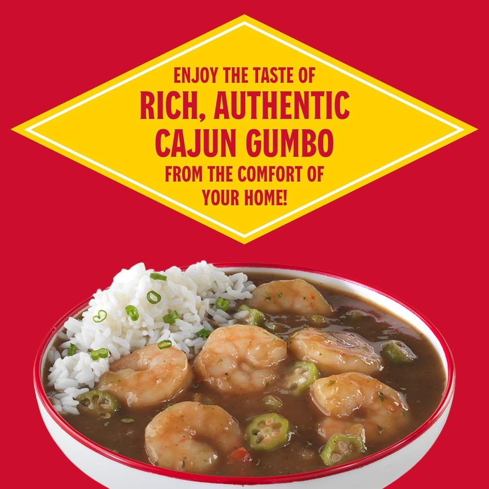 Louisiana Fish Fry gumbo served over rice on plate highlighting hearty family-style serving