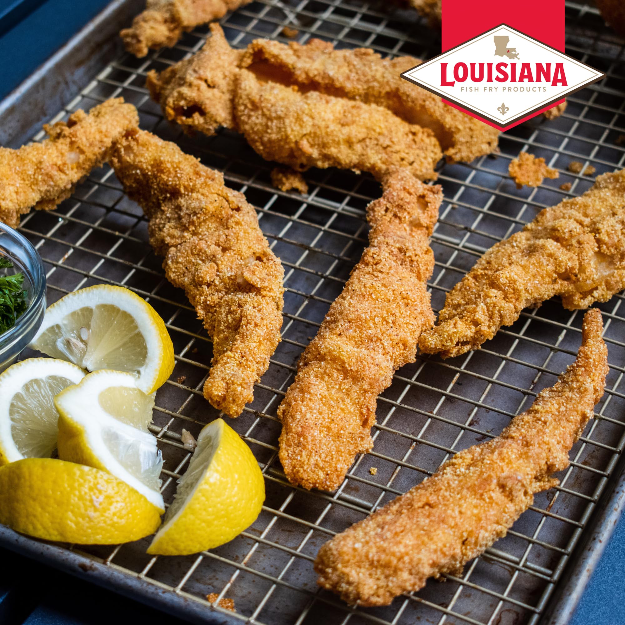 Louisiana Fish Fry Products half-gallon next to measuring cup for scale and portioning