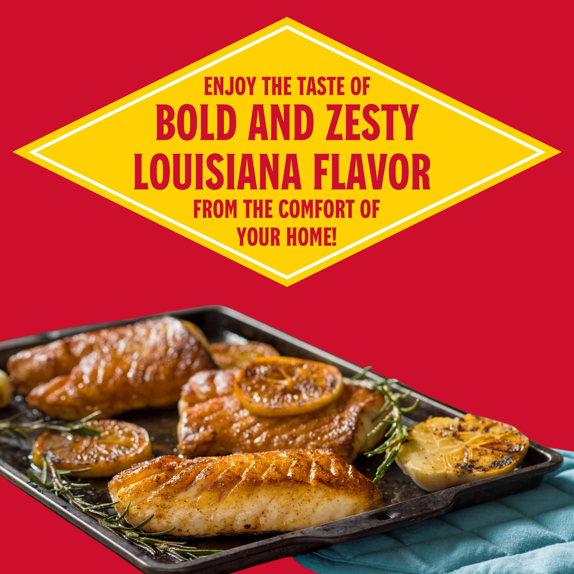 Louisiana Fish Fry seasoning poured from spoon onto ingredients for controlled use