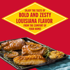 Louisiana Fish Fry seasoning poured from spoon onto ingredients for controlled use