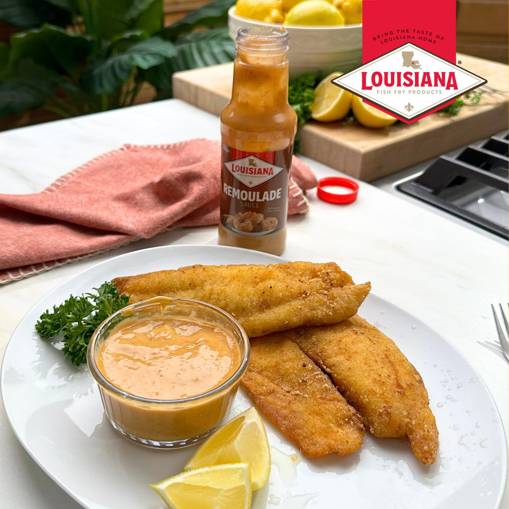 louisiana fish fry sauces on po-boy sandwich, restaurant-style presentation